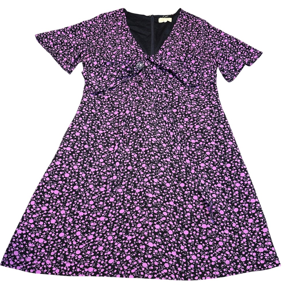 Mello Day Women's Floral Dress Medium Purple Cottagecore Ruffle Sleeve Bow Midi